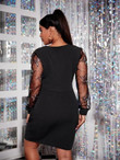 Women Plus Size Butterfly Embroidery Patched Mesh Sleeve Fitted Dress