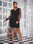 Women Plus Size Butterfly Embroidery Patched Mesh Sleeve Fitted Dress