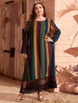 Women Plus Size Colorful Stripe Lace Panel Maxi Dress
