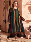 Women Plus Size Colorful Stripe Lace Panel Maxi Dress