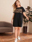 Women Plus Size Contrast Leopard Tee Dress