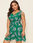 Women Plus Size Tropical Print Knot Shoulder Belted Dress