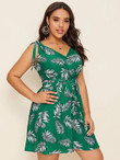 Women Plus Size Tropical Print Knot Shoulder Belted Dress