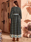 Women Plus Size Geo & Mandala Print V-neck Belted Dress