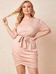 Women Plus Size Solid Belted Fitted Dress