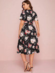 Women Plus Size Floral Print Belted A-line Dress