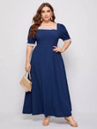 Women Plus Size Puff Sleeve Square Neck Floral Panel Dress