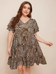 Women Plus Size V-neck Leopard Smock Dress