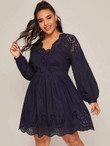 Women Plus Size Scallop Bishop Sleeve Eyelet Embroidery Dress