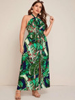 Women Plus Size Halterneck Belted Slit Hem Tropical Dress