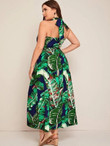 Women Plus Size Halterneck Belted Slit Hem Tropical Dress