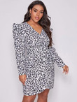 Women Plus Size Leopard Print Zipper Back Belted Wrap Dress