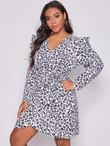 Women Plus Size Leopard Print Zipper Back Belted Wrap Dress