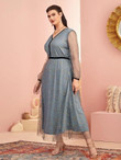 Women Plus Size V Neck Knotted Cuff Star Mesh Dress