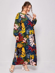 Women Plus Size Allover Plants Print Tunic Dress