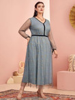 Women Plus Size V Neck Knotted Cuff Star Mesh Dress