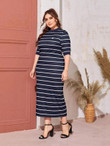 Women Plus Size Patch Detail Striped Dress