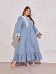Women Plus Size Embroidered Mesh Ruffle Trim Dress