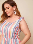 Women Plus Size Colorful Striped Ruffle Hem Tie Shoulder Dress