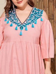 Women Plus Size Cold Shoulder Embroidery Front Tassel Detail Dress