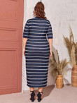 Women Plus Size Patch Detail Striped Dress