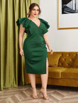 Women Plus Size Exaggerated Ruffle Plunging Split Hem Dress