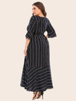 Women Plus Size Stripe Ruffle Hem Belted Dress