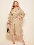 Women Plus Size Notched Collar Roll Up Sleeve Buttoned Front Self Belted Dress