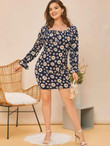 Women Plus Size Bell Sleeve Ruched Bust Floral Bodycon Dress