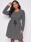 Women Plus Size Striped Print Drawstring Waist Dress
