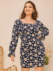 Women Plus Size Bell Sleeve Ruched Bust Floral Bodycon Dress