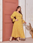 Women Plus Size Button Front Gathered Lantern Sleeve Ditsy Floral Maxi Dress