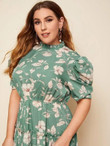 Women Plus Size Frill Mock Neck Puff Sleeve Tiered Hem Floral Dress
