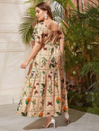 Women Plus Size Flutter Sleeve Butterfly & Floral Print Dress