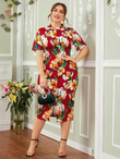 Women Plus Size Mock-neck Split Hem Floral Dress