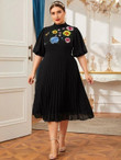 Women Plus Size Mock-Neck Floral Embroidery Lantern Sleeve Pleated Dress