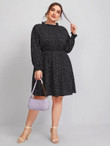 Women Plus Size Polka Dot Frill Neck Shirred Waist Dress