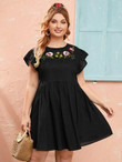 Women Plus Size Floral Embroidery Butterfly Sleeve Babydoll Dress