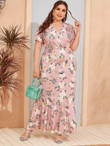 Women Plus Size Floral Print Surplice Mermaid Hem Dress