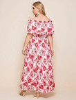 Women Plus Size Floral Print Off Shoulder Frill Trim Maxi Dress