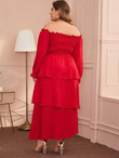 Women Plus Size Shirred Frill Layered Hem A-line Dress