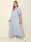 Women Plus Size Floral Embroidered Button Front Striped Dress