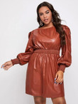 Women Plus Size Shirred Panel Frilled Cuff PU Leather Dress