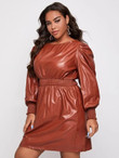 Women Plus Size Shirred Panel Frilled Cuff PU Leather Dress