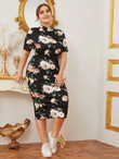 Women Plus Size Mock-Neck Floral Print Dress