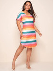 Women Plus Size V-neck Rainbow Stripe Tee Dress