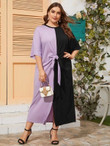 Women Plus Size Tie Front Batwing Sleeve Colorblock Dress