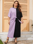 Women Plus Size Tie Front Batwing Sleeve Colorblock Dress