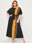 Women Plus Size Leopard Colorblock Belted Dress