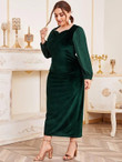 Women Plus Size Pearls Ruched Velvet Fitted Dress